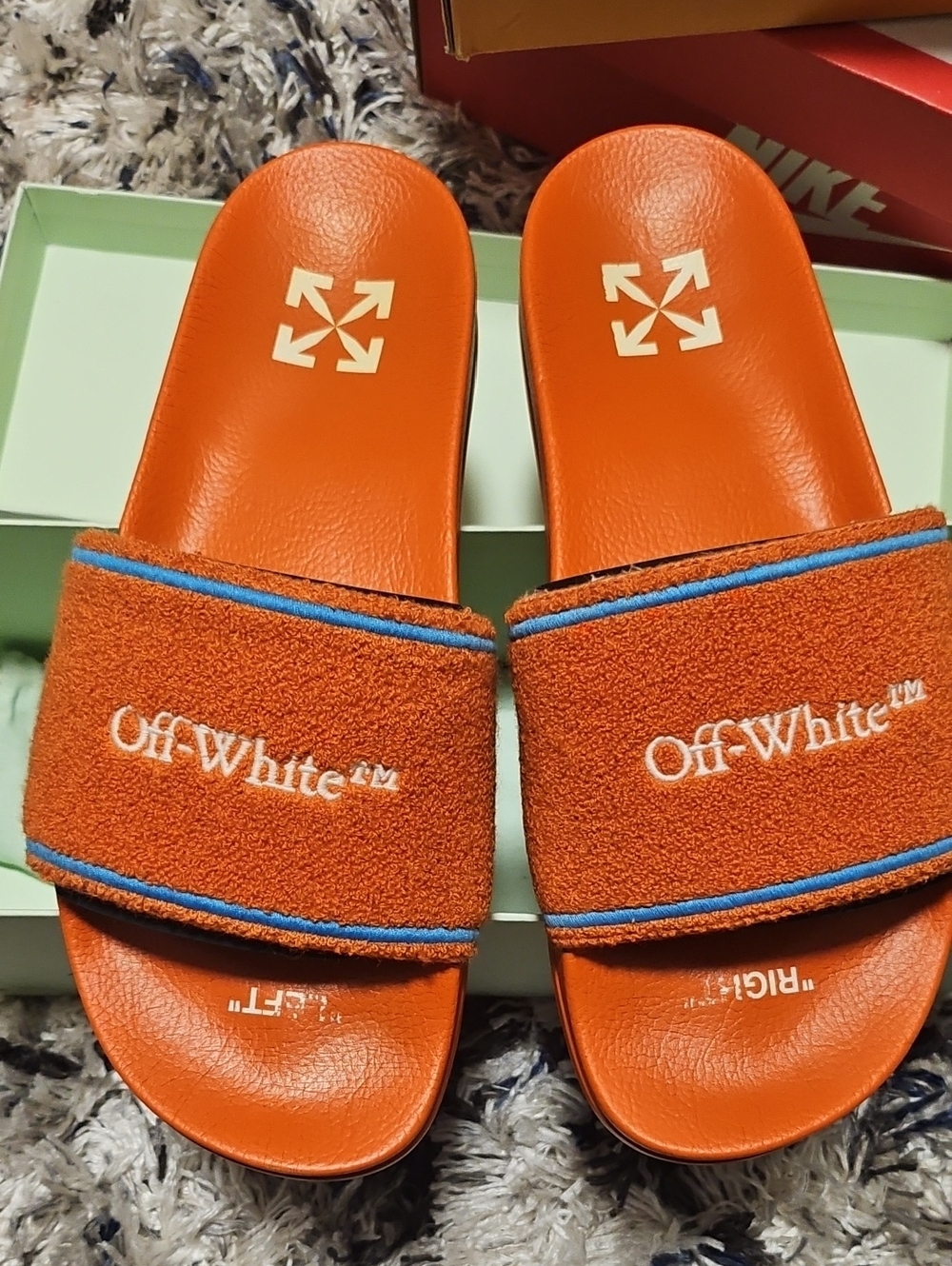Off-White Orange Terry Slide Sandals with Blue Piping